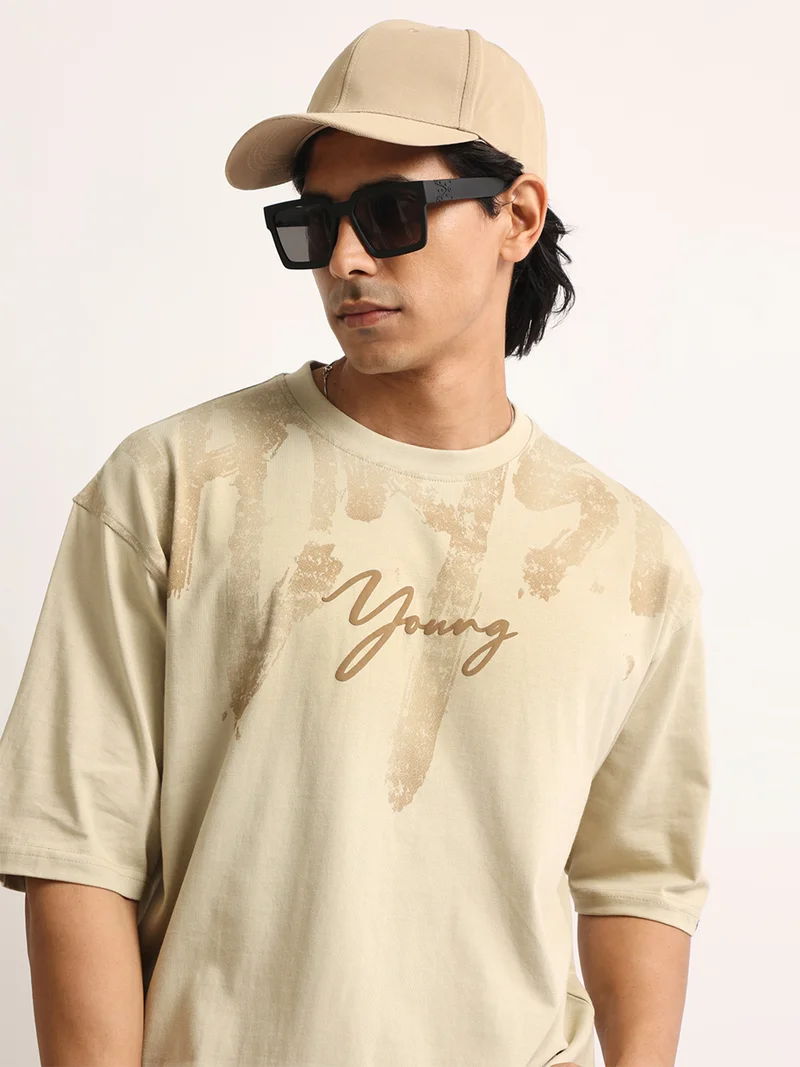 Maniac Maniac Mens AOP Printed Round Neck Half Sleeve Light Grey Cotton Tshirt